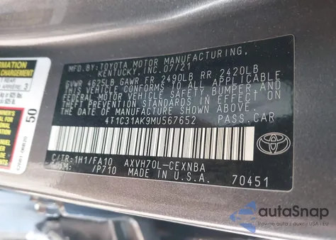2021 Toyota Camry Le Hybrid z USA, uszkodzony, nr VIN 4T1C31AK9MU567652